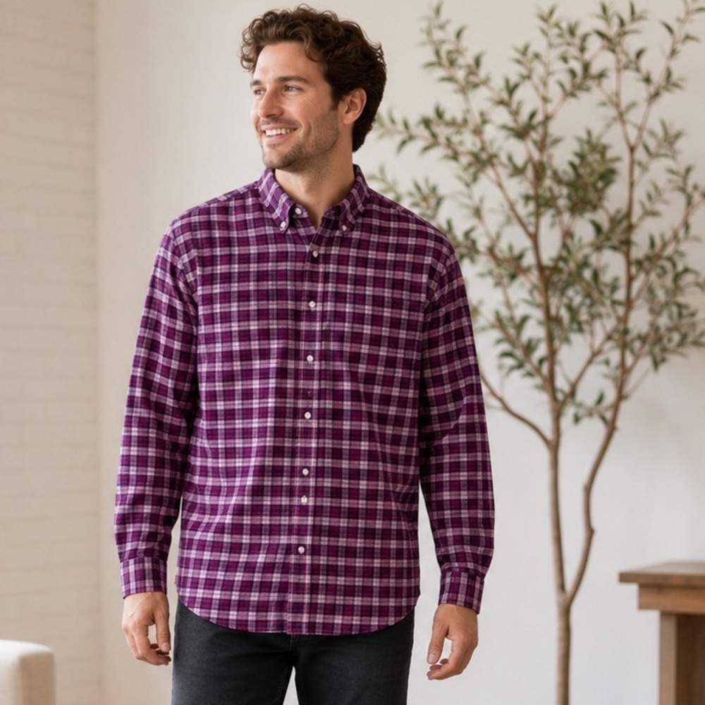 Hawker Rye Mens Slim Fit Stretch Button Down Shirt Purple Pink Plaid Long Sleeve